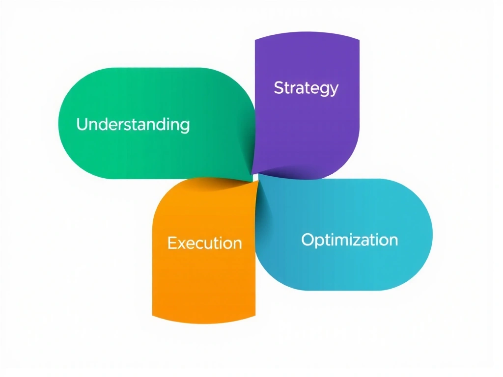 Ilustrace čtyř pilířů digitálního marketingu: Porozumění, Strategie, Realizace, Optimalizace