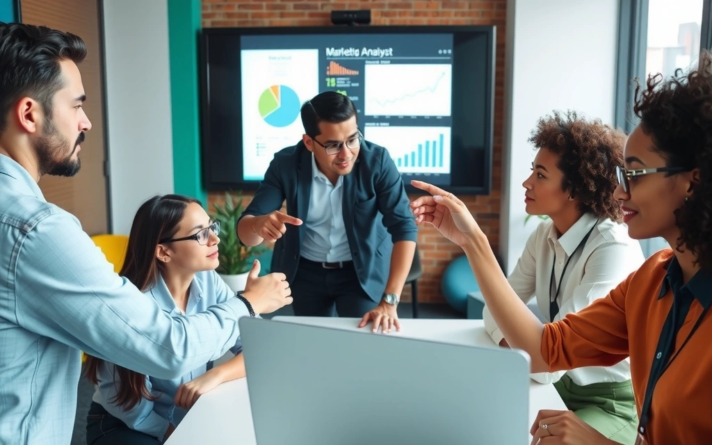 Tým analytiků diskutuje nad grafy a daty, představující marketingovou analýzu a strategii.