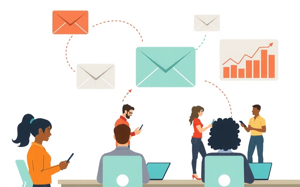 Ilustrace email marketingu s obálkami a analytickými grafy