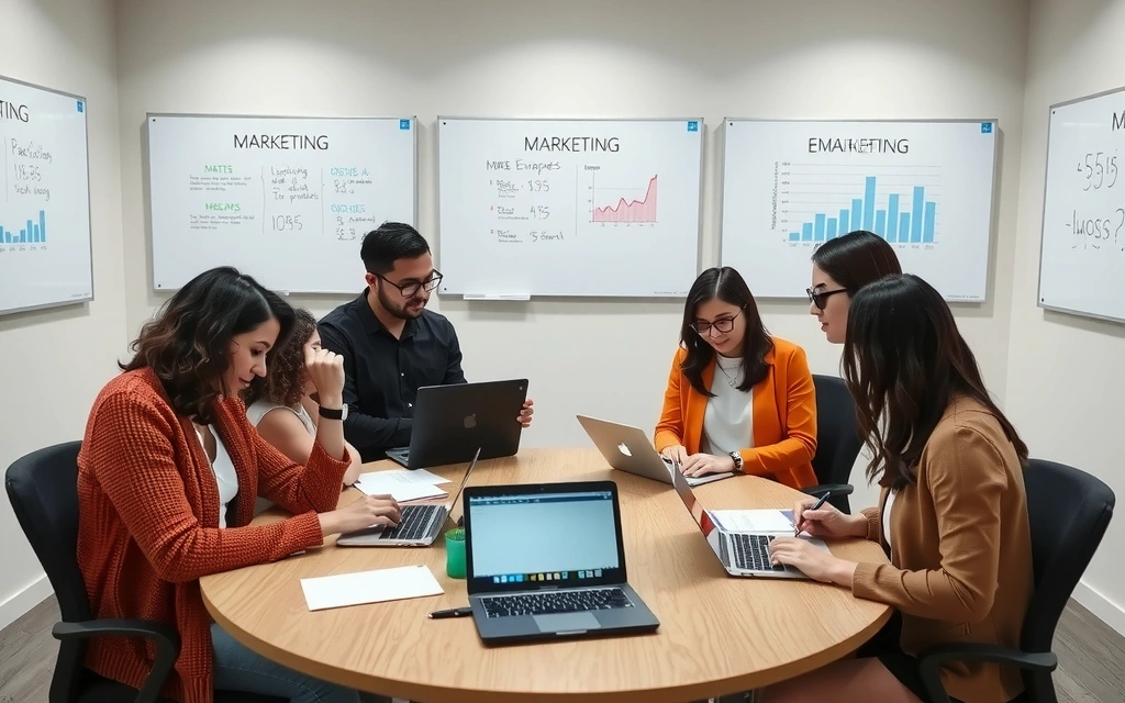 Lidé spolupracující na email marketingové strategii u stolu s notebooky