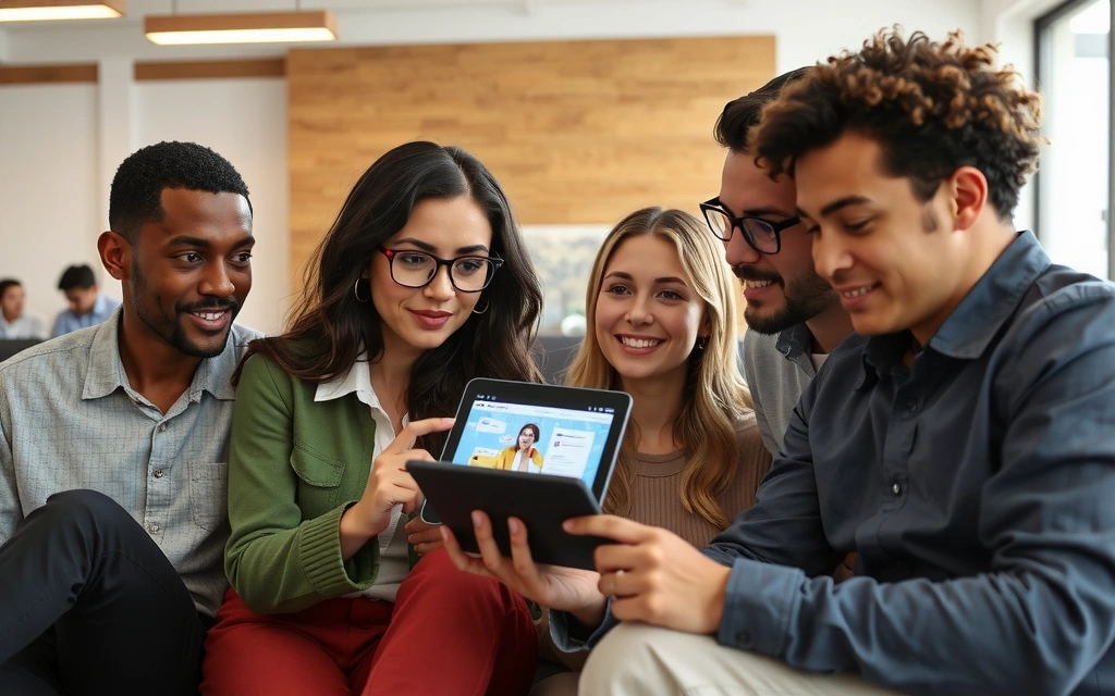 Lidé sledující marketingové video na tabletu