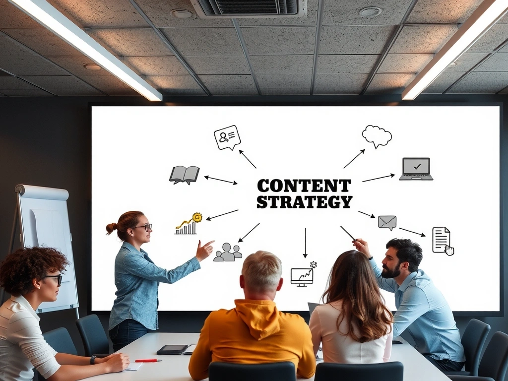 Tým tvořící obsahovou strategii na digitální tabuli