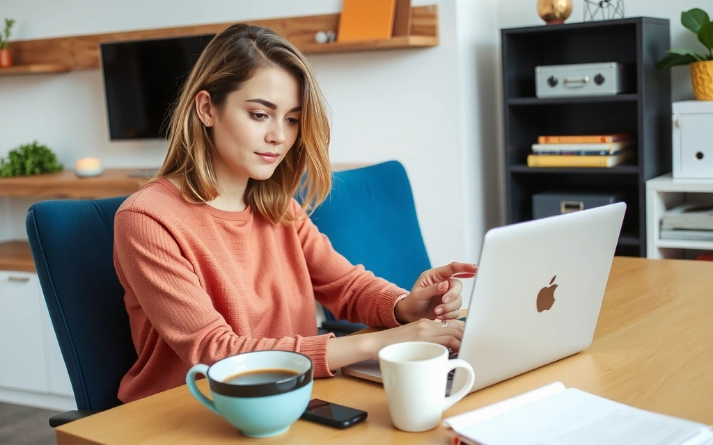 Žena píšící blogový článek na notebooku s hrnkem kávy