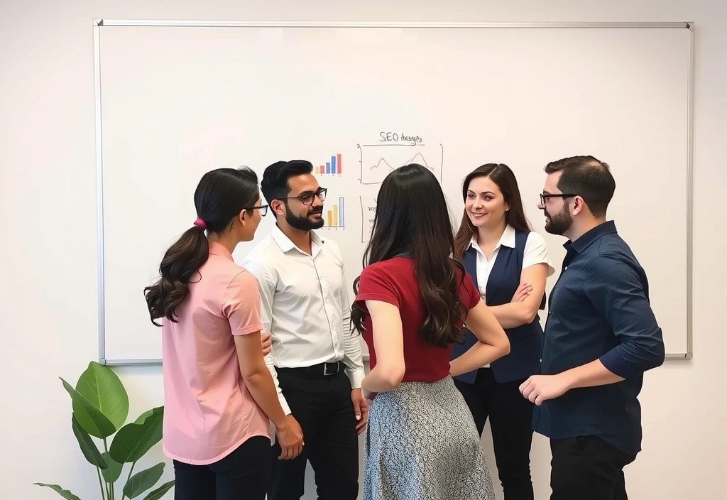 Tým SEO specialistů diskutuje strategii u tabule.