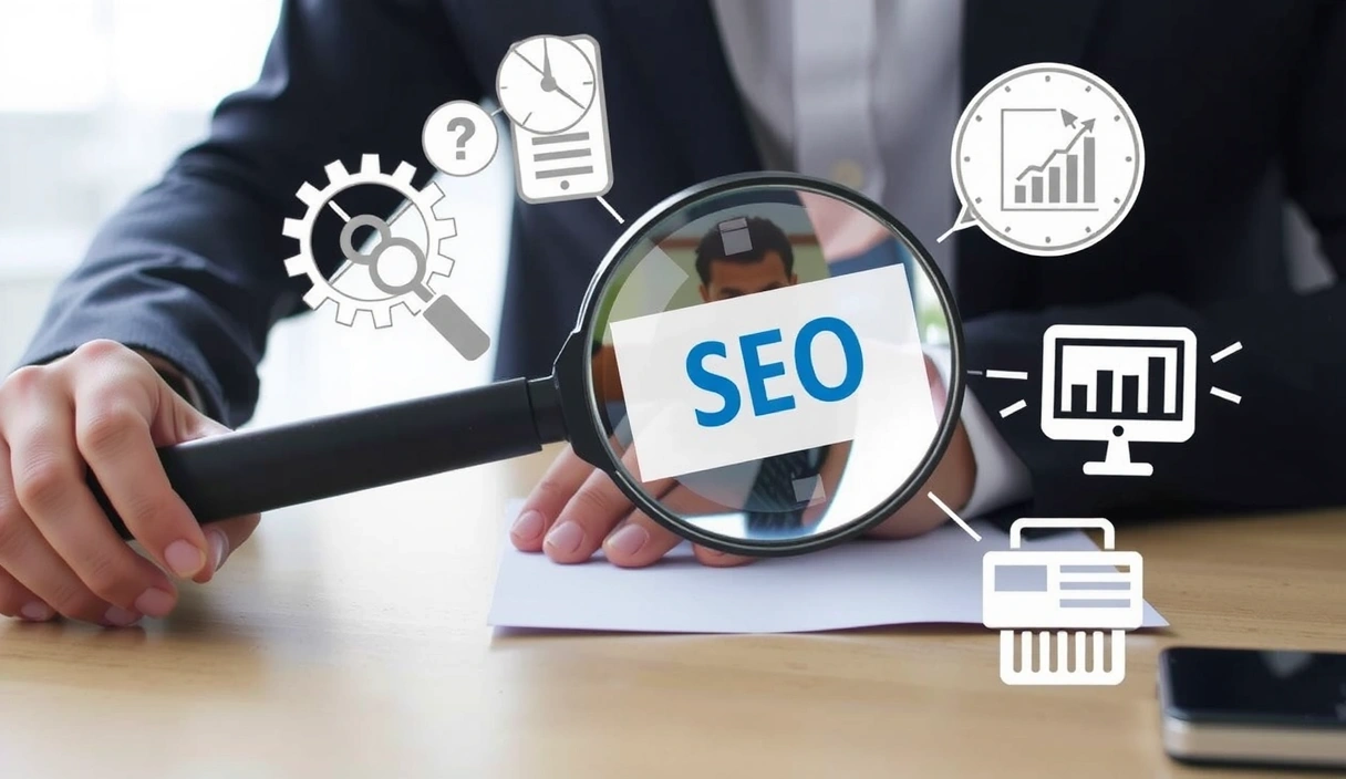 Detailní grafika s lupou a ikonami SEO optimalizace, jako jsou klíčová slova, odkazy a analýza webu, v moderním digitálním prostředí.