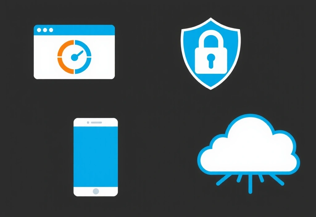 Digitální ikony představující rychlost webu, zabezpečení (zámek), mobilní telefon a cloudové úložiště, znázorňující technické aspekty SEO.