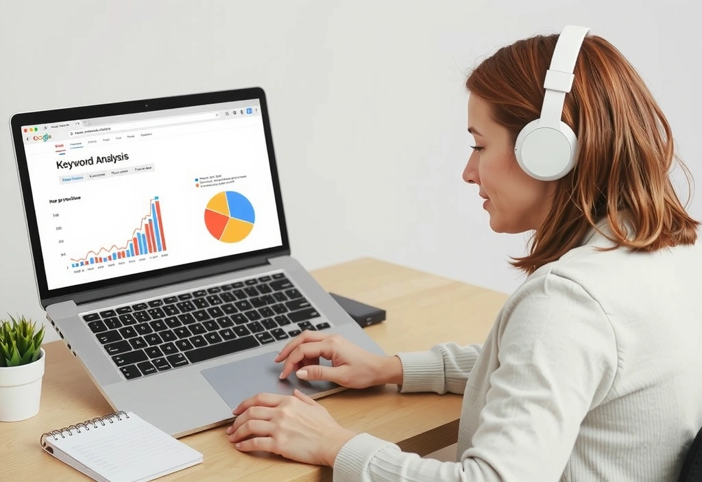 Žena sedící u stolu s notebookem, zkoumající grafy a data na obrazovce, symbolizující analýzu klíčových slov.